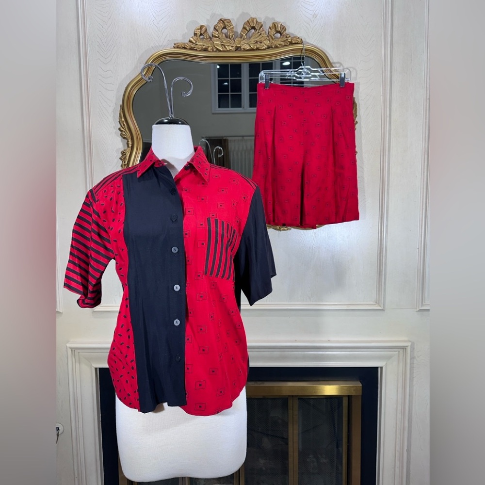 Tracy Evans‎ Matching Set | Abstract Print Blouse + High-Waisted Shorts Size L
